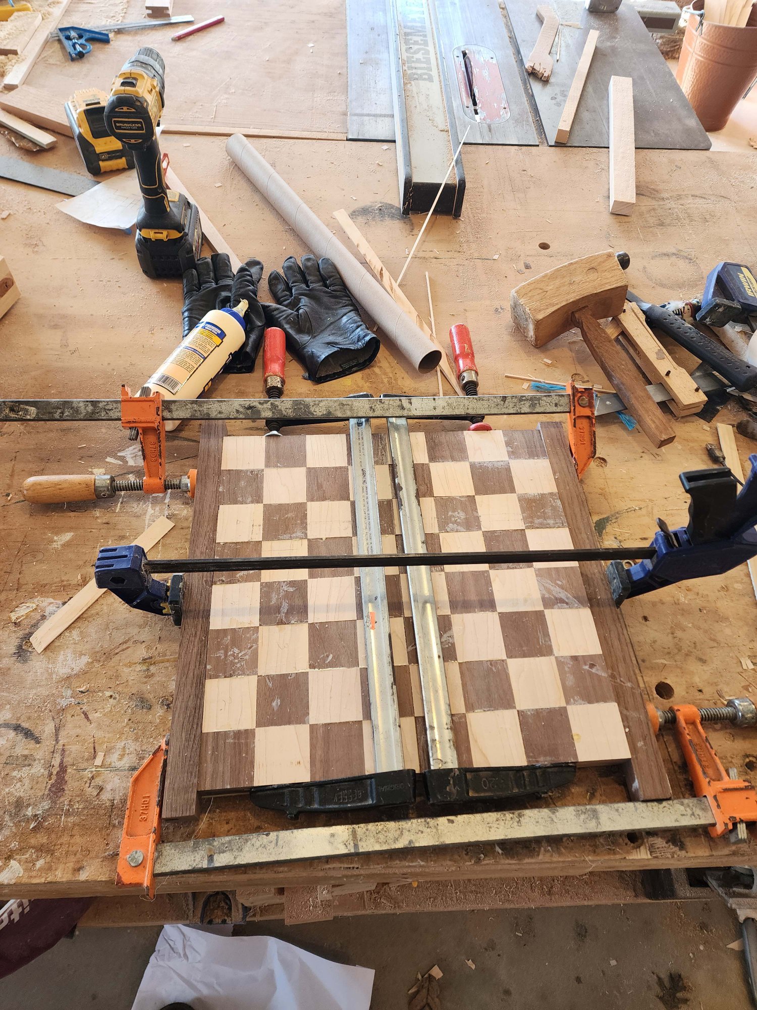 Woodwork — chessboard in clamps